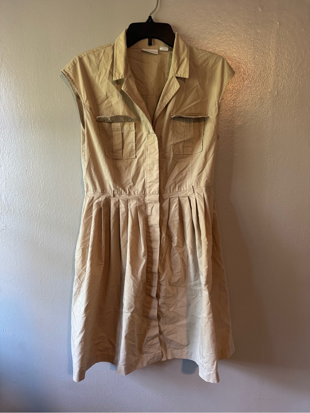 Liz Claiborne Tan Khaki Sleeveless Dress One Length Button Down Collared Size 10